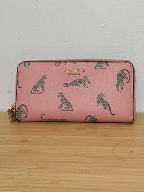 Kate Spade Morgan Pink Leopard Cheetah Saffiano Leather Zip Around Wallet